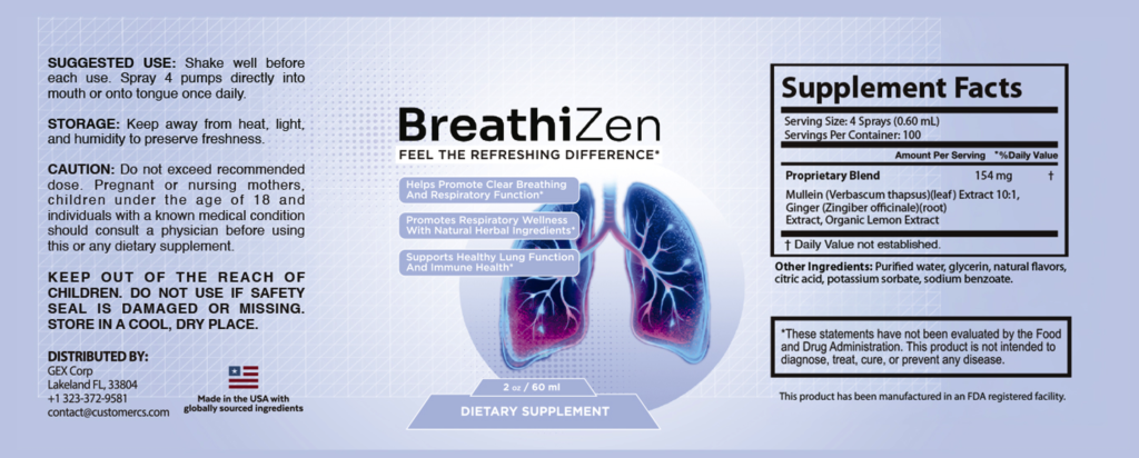 BreathiZen Supplement Facts label with ingredients and suggested use