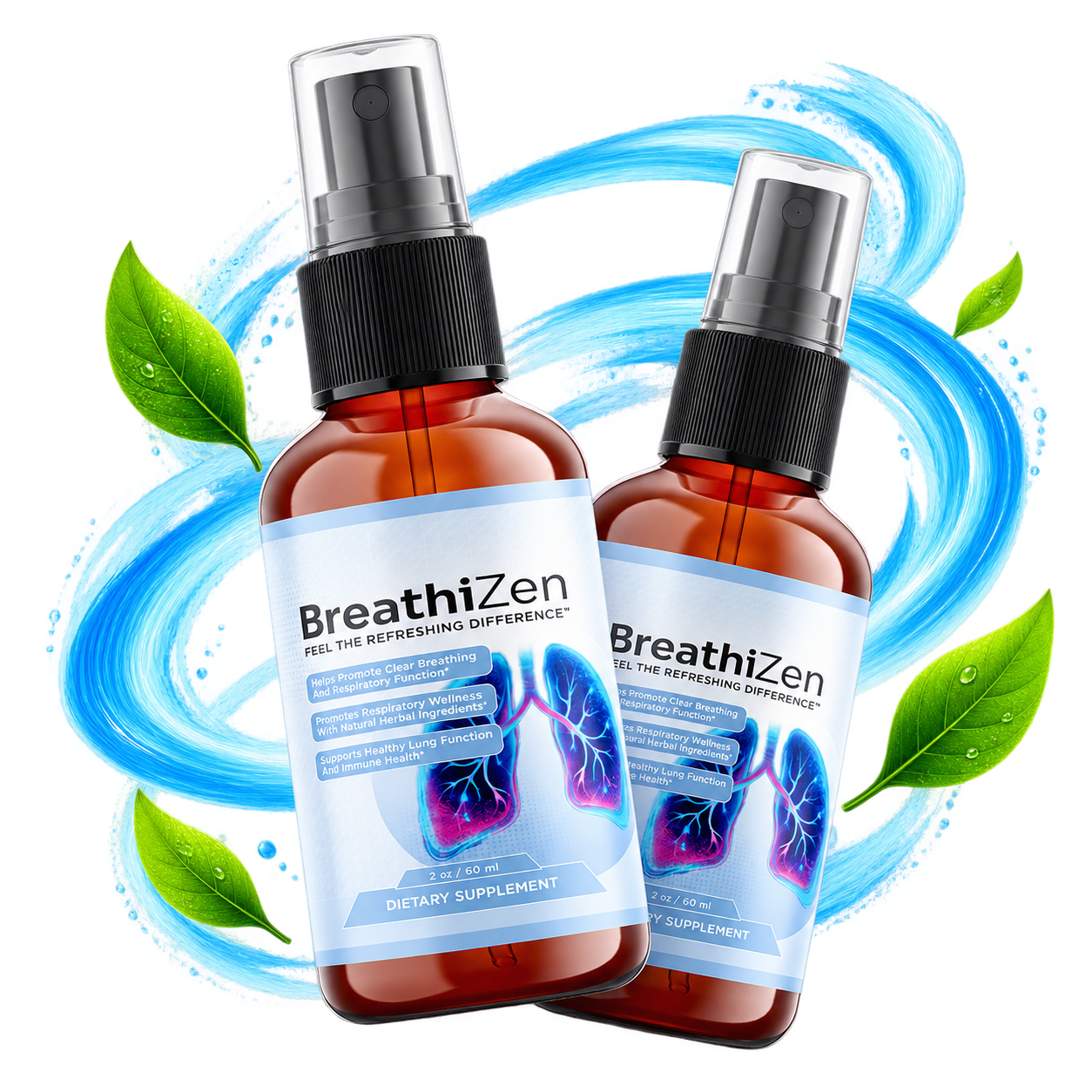 BreathiZen respiratory support oral spray bottle with botanical leaves