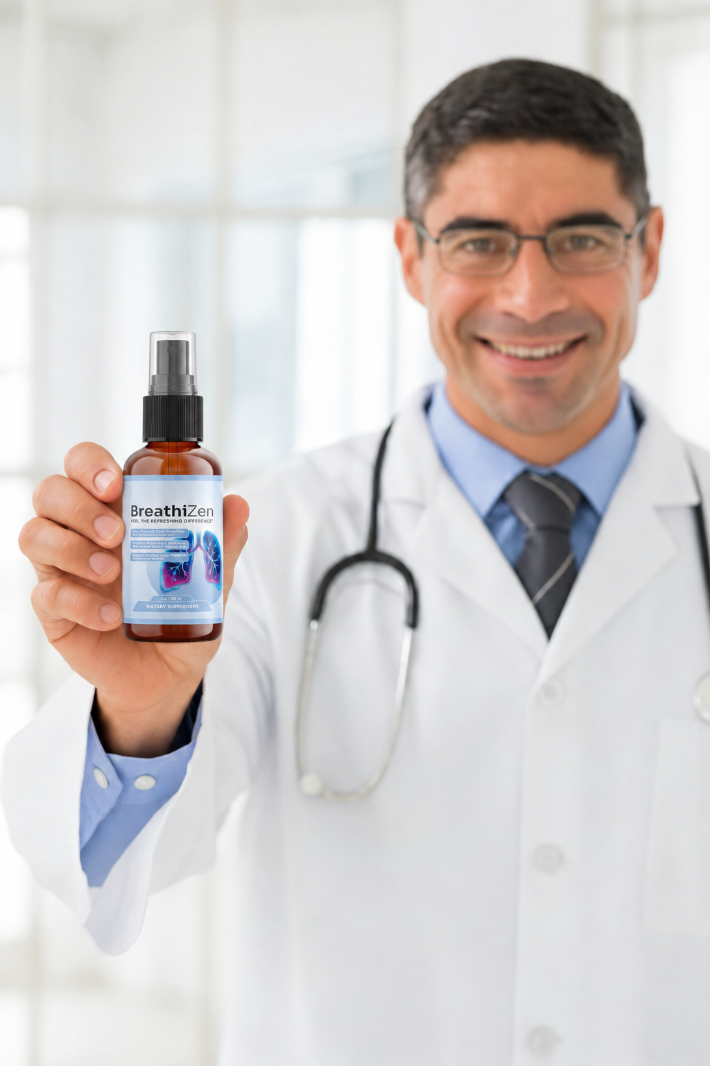 Healthcare professional holding a bottle of BreathiZen respiratory support spray