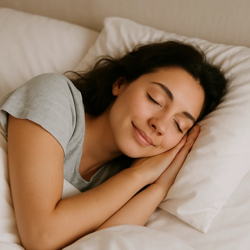 Woman sleeping peacefully as part of a healthy wellness routine
